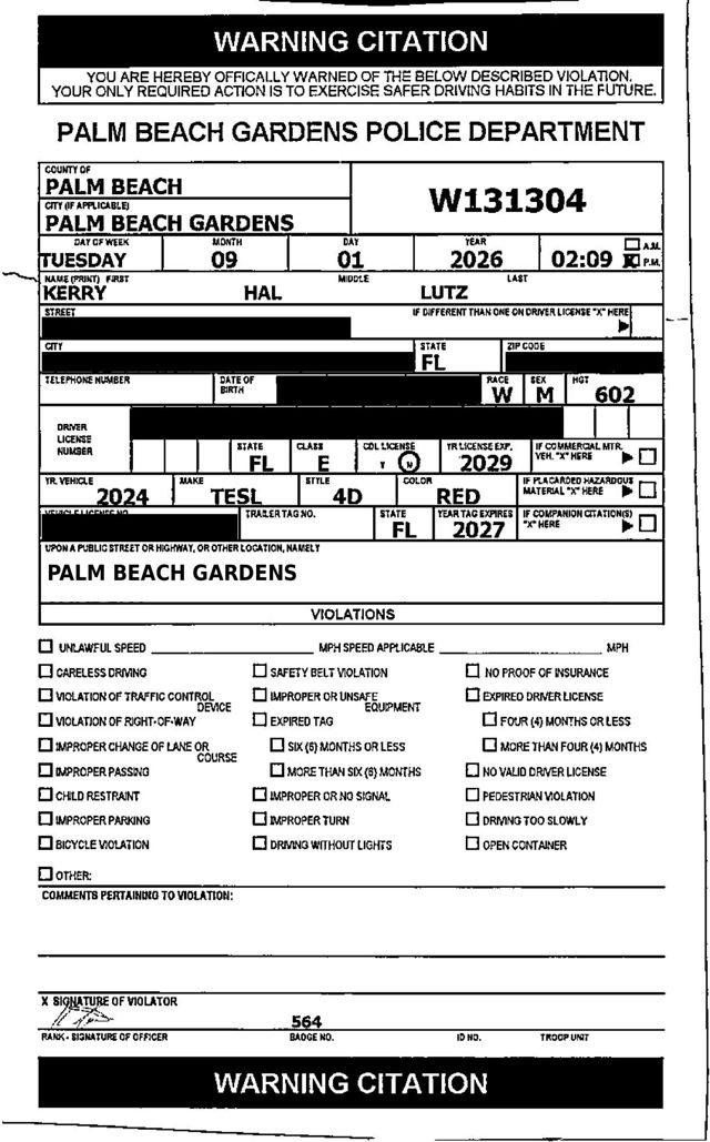 Redacted written warning citation W131304 from the Palm Beach Gardens Police Department, dated Tuesday, September 1, 2026, issued to Kerry Lutz. Personal details are blacked out.